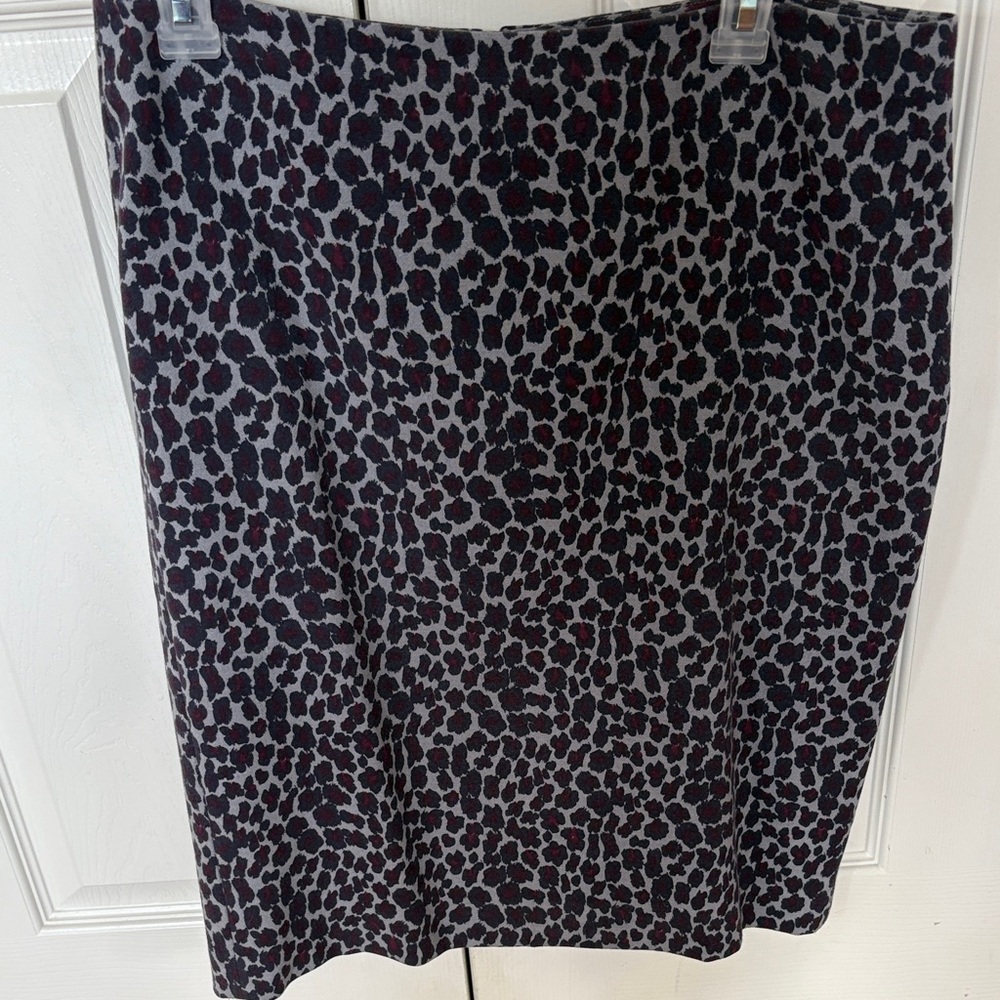 Talbots Grey and Black Leopard Midi Skirt with Burgundy Accents